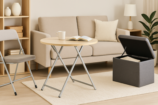 A modern living room featuring foldable furniture, including a collapsible round table, a foldable chair, and a storage ottoman, styled in a compact neutral-toned space.