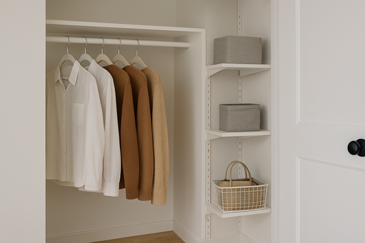 Wide thumbnail of an organized closet with neatly hung clothes and storage bins – NeatNest