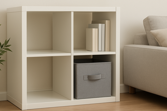 Wide thumbnail of a modern living room with bookshelf and foldable fabric storage bin – NeatNest