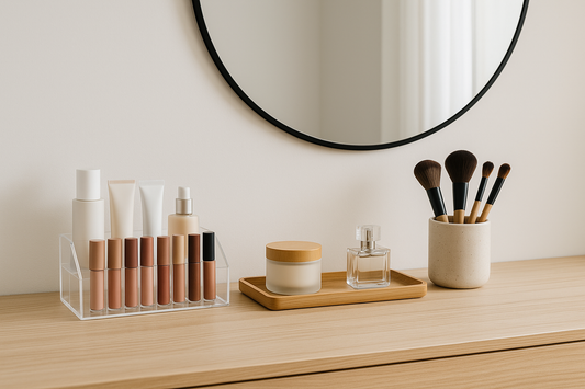 Wide thumbnail of a minimalist vanity with acrylic makeup organizer, bamboo tray, and brush holder – NeatNest