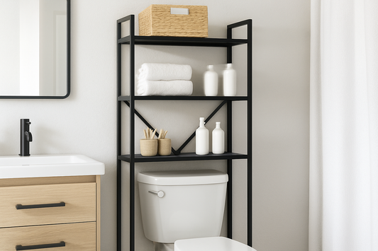 Modern bathroom with over-the-toilet shelving unit storing towels, baskets, and toiletries – NeatNest