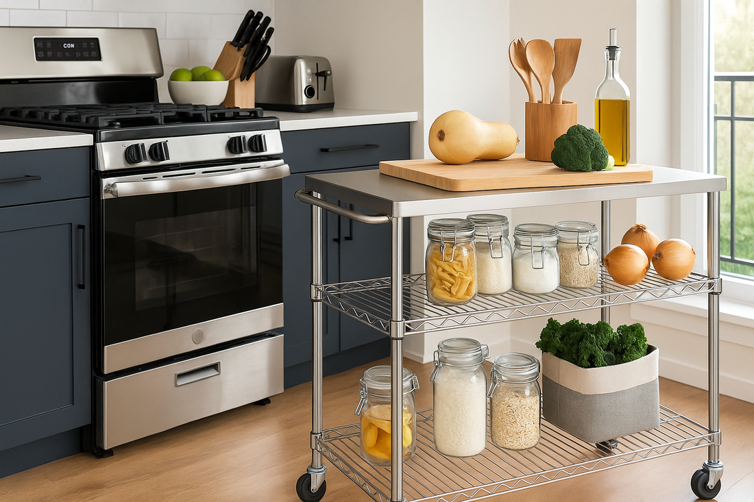 Kitchen with stainless steel rolling cart storing jars, vegetables, and utensils near a modern counter – NeatNest