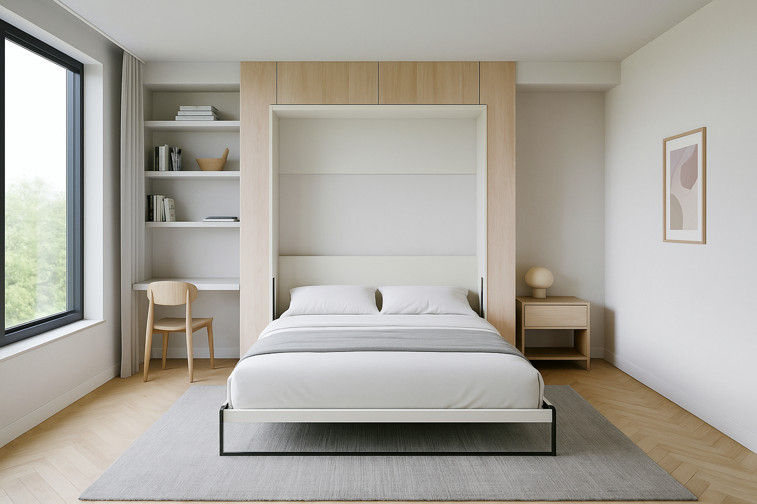 Wide thumbnail of a modern minimalist bedroom with Murphy bed and smart space-saving furniture – NeatNest