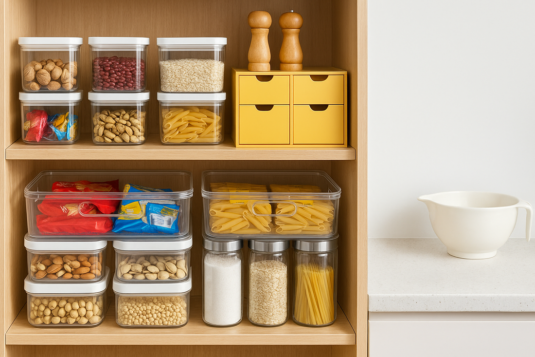 Wide thumbnail of a modern pantry with clear stackable containers filled with pasta, grains, and snacks – NeatNest