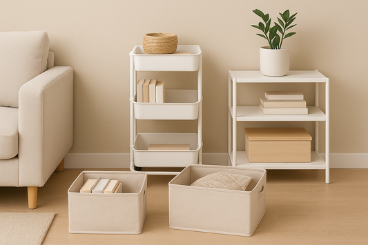 Modern living room corner featuring foldable bins, rolling storage carts, and stackable shelves as portable storage solutions