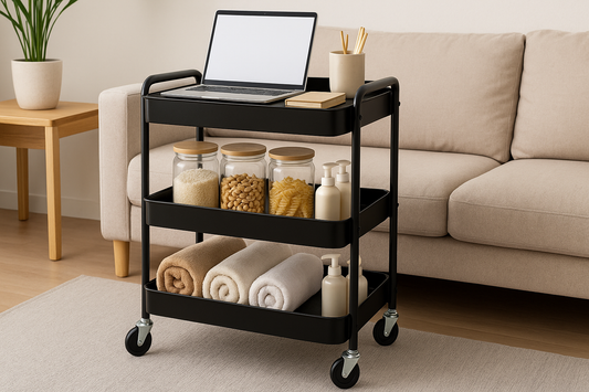 A freestanding, three-tier rolling storage cart placed in a small modern apartment kitchen, showcasing organized and space-saving design