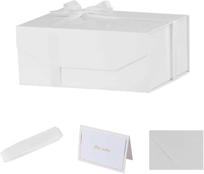 1PCS White Gift Box with Ribbon 9.5x7x4 Inches,Sturdy Gift Box with Lid for Gift Packaging, Foldable Magnetic Closure Storage Boxes, Bridesmaid proposal box, Rectangle Collapsible Box-NeatNest