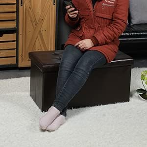 B FSOBEIIALEO Storage Ottoman with Filpping Lids, Ottoman Storage Bench Footrest Seat, Storage Chest Faux Leather 30"x15"x15" (Brown)