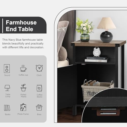 Black Farmhouse Nightstand, Side Table, End Table with Barn Door and Shelf, Rustic Modern Bed Night Stand for Bedroom, Living Room-NeatNest