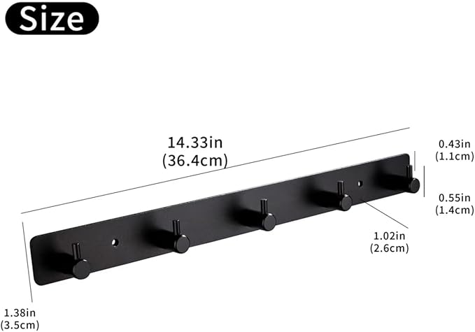 Adhesive Bathroom Black Hook Rail, 5 Matte Black Wall Key Hooks Rack Hanger Towel Robe Stick Door Hooks for Bathroom Toilet Entryway Hallway Kitchen Wall Mounted