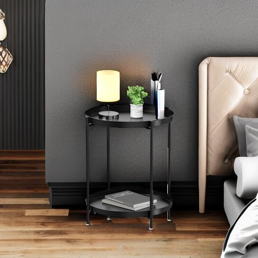 EKNITEY 2 Tier End Table - Metal Side Table Waterproof Small Sofa Coffee Side Tables Bedroom Indoor Outdoor with Removable Tray for Living Room Bedroom Balcony and Office (Black)-NeatNest