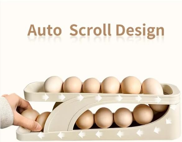 Generic Egg Dispenser for Refrigerator or Kitchen Countertop, Automatic Roll Down Egg Storage for Fridge, Space Saving Gravity Fed Egg Holder and Organizer Tray (Beige/Off White)