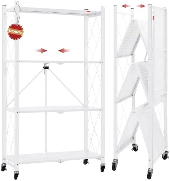 DEANIC 4 Tier Foldable Storage Shelves with Wheels, Large Capacity Shelving Unit, Freestanding Metal Wire Shelf Rack, No Assembly Organizer Rack for Garage Kitchen, Basement, Pantry(White)-NeatNest