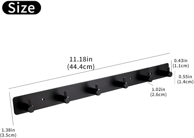 Adhesive Bathroom Black Hook Rail, 6 Matte Black Wall Key Hooks Rack Hanger Towel Robe Stick Door Hooks for Bathroom Toilet Entryway Hallway Kitchen Wall Mounted
