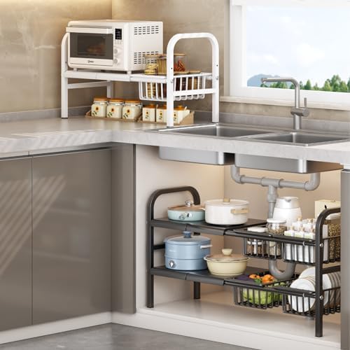 Under Sink Organizer,2 Tier Expandable Heavy Duty Metal Shelf,with 5 Removable Panels and 5 Storage Basket for Under Kitchen Bathroom Sink Organizers and Storage(Black, Large)