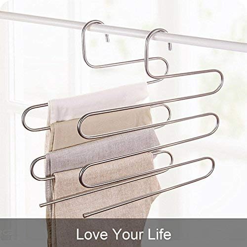 devesanter Pants Hangers Non-Slip S-Shape 4 Pack Trousers Hangers Stainless Steel Clothes Hangers Closet Storage Organizer for Pants Jeans Scarf (4 Pack with 10 Clips)-NeatNest