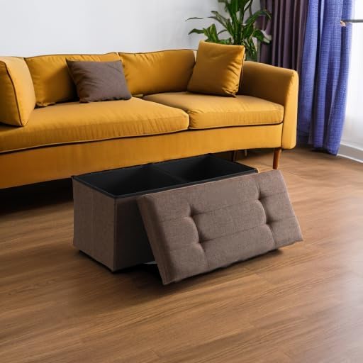 CUYOCA Storage Ottoman Bench Foldable Seat Footrest Shoe Bench End of Bed Storage with Flipping Lid, 75L Storage Space, 30 inches Linen Fabric Brown-NeatNest