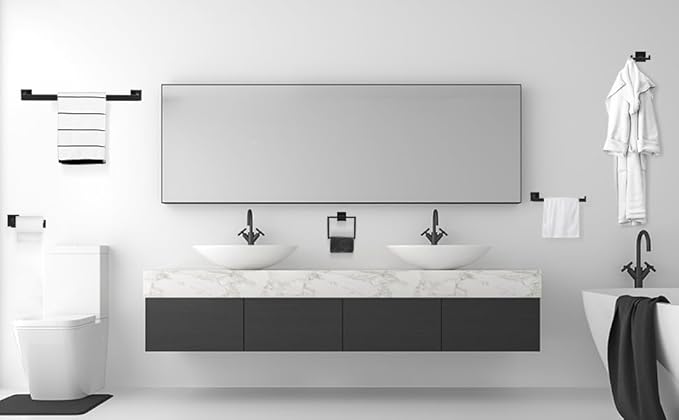 BOZWELL 1 Double Towel Hook and 2 Towel Hooks for Bathroom Matte Black Wall Mount,3 Pack Modern Square Style Coat Robe Hook,Stainless Steel Heavy Duty Door Hanger 1502-B-3