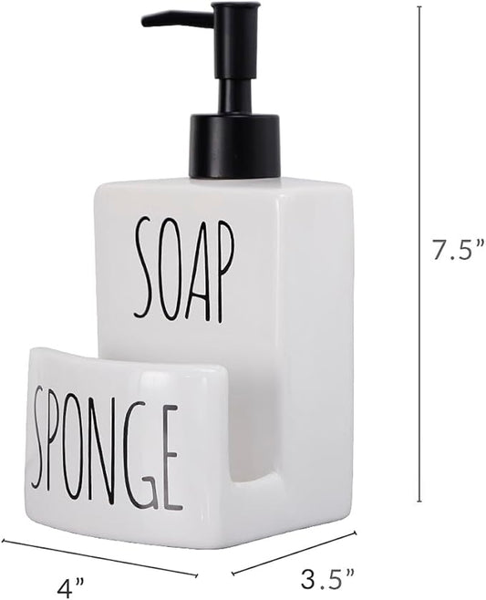 Ceramic Dish soap Dispenser with Sponge Holder Hand and Dish Soap Dispenser Set for Kitchen 2-in-1 Countertop Soap Pump Dispenser for Kitchen Sink, Useful Kitchen Gadgets - Modern Farmhouse White-NeatNest