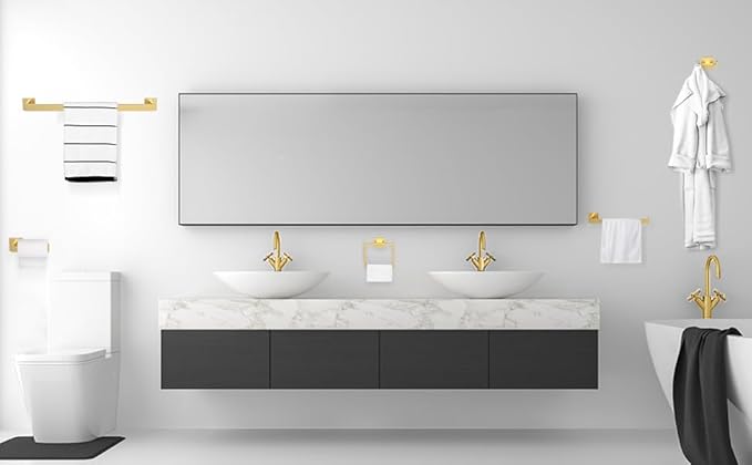 BOZWELL 1 Double Towel Hook and 2 Towel Hooks for Bathroom Light Brushed Gold Wall Mount,3 Pack Modern Square Style Coat Robe Hook,Stainless Steel Heavy Duty Door Hanger for Bathroom 1502-G-3