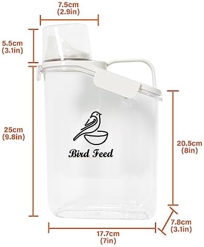 Bird Seed Storage Container,2.8L Airtight Bird Food Container with Handle and Measuring Cup,Portable Pet Food Container for Wild Bird Sunflower Seed-BPA Free Transparent/White-NeatNest