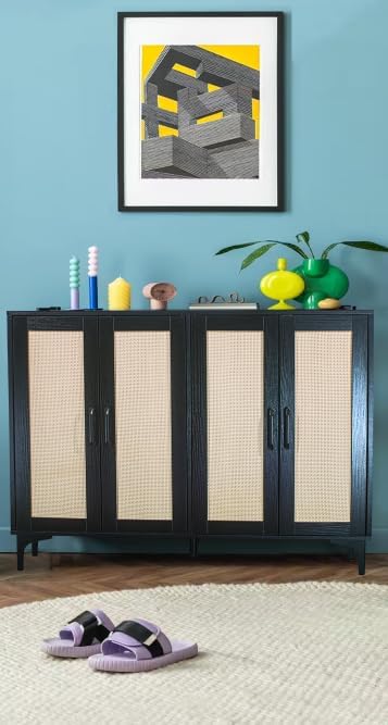 Buffet Sideboard, Side Storage Cabinet, entryway Cabinet, Buffet Sideboard with Rattan, Featuring 4 Doors and Adjustable Shelves, Suitable for Living Room (Black)-NeatNest