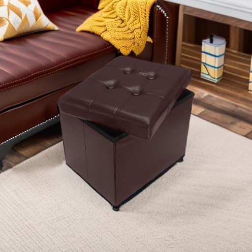 AmasSmile Storage Ottoman Folding Foot Rest Stool, Leather Footstool Bench, Short Ottoman Stool, Storage Foot Rest Store, Books (Brown, 17" D x 13" W x 13" H)-NeatNest