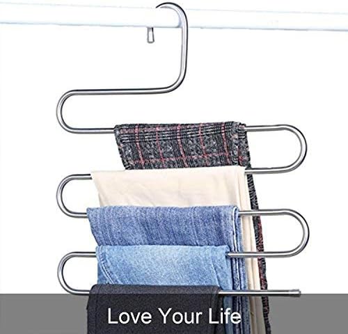 devesanter Pants Hangers Non-Slip S-Shape 4 Pack Trousers Hangers Stainless Steel Clothes Hangers Closet Storage Organizer for Pants Jeans Scarf (4 Pack with 10 Clips)-NeatNest