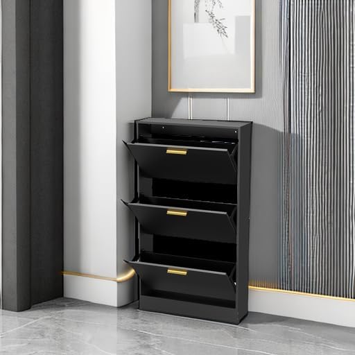 JOZZBY Shoe Cabinet Storage with 3 Flip Drawers for Entryway, Black Slim Freestanding Modern Narrow Shoe Organizer Rack Cabinet for Hallway, Living Room-NeatNest