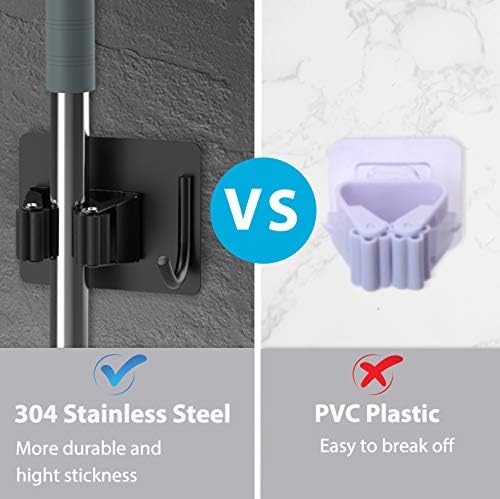 Mop Broom Holder No Drill, Mop Broom Organizer Wall Mounted Heavy Duty with Hooks Hanger, Self Adhesive Stainless Steel 4Pcs for Bathroom, Kitchen, Office (Black)-NeatNest