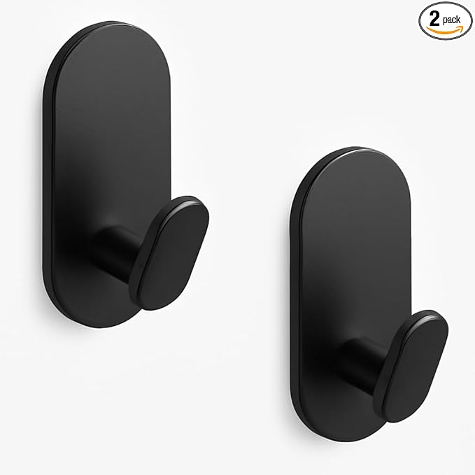 Adhesive Towel Hooks for Bathrooms 2 Pack Matte Black Stainless Steel and Zinc Alloy Sticky Wall Hooks for Hanging Heavy Duty Self Adhesive Robe Shower Hanger for Kitchen, Closet, Cabinet, Door