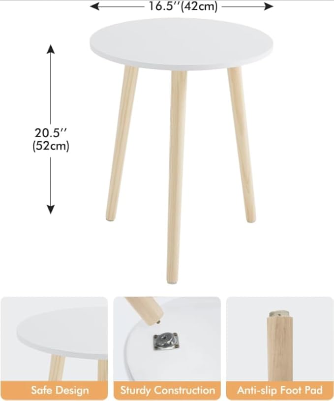 Apicizon Round Side Table, White Bedside Table Coffee End Table for Bedroom, Living Room, Small Spaces, Easy Assembly Nightstands with Natural Wood Legs, 16.5 x 20.5 Inches-NeatNest