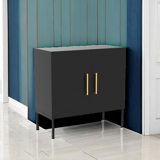 JOZZBY Storage Buffet Cabinet, Freestanding Sideboard with Double Doors, Modern Wooden Sideboard, Black Side Cabinets for Bedroom, Living Room, Kitchen, Office and Hallway, WLFH0007BK