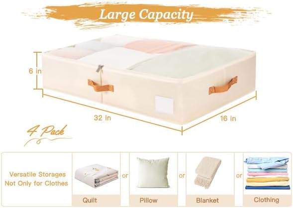 Criusia Under Bed Storage Bins with Clear PVC Lids – 4 Pack Large Underbed Organizers with Heavy-Duty Handles, Reinforced with 800G PP Panels & 80G Non-Woven Fabric – Waterproof & Foldable, Beige-NeatNest