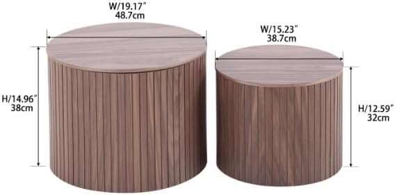kevinplus Walnut Coffee Table Nesting Tables Set of 2 for Living Room, Modern Circle Drum Wood Small Coffee Table with Storage Contemporary Side Table End Table with Moveable Lid, Walnut