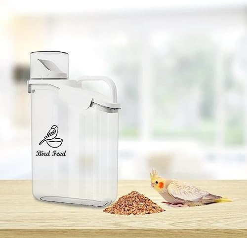 Bird Seed Storage Container,2.8L Airtight Bird Food Container with Handle and Measuring Cup,Portable Pet Food Container for Wild Bird Sunflower Seed-BPA Free Transparent/White-NeatNest