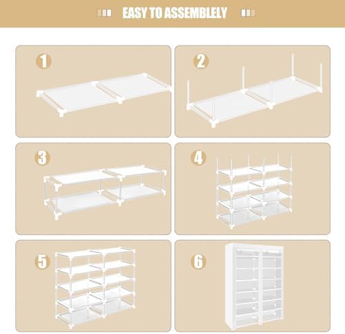 ERONE Shoe Rack Storage Organize, 28 Pairs Portable Double Row with Nonwoven Fabric Cover Shoe Shelf Cabinet for Closet (White)-NeatNest