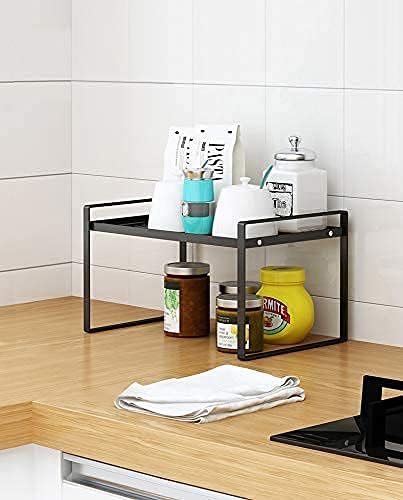 2 Pack Kitchen Cabinet Shelf Counter Organizer Rack Pantry Storage Bathroom Bedroom Office Table Desk Space Saving Steel Frame Stackable Rust Resistant Non Slip Black-NeatNest