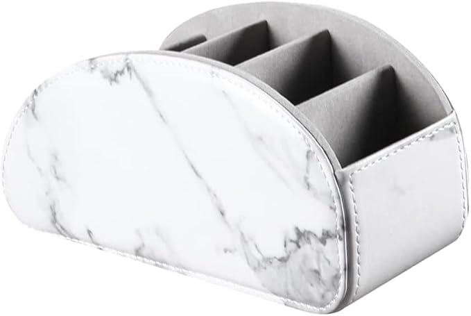 Arnice PU Leather Remote Holder, Arc Shape Caddy Desktop Organizer with 5 Spaces for TV, DVD Remotes, Media Controllers, Pen, Pencil, Office Supplies (White)-NeatNest