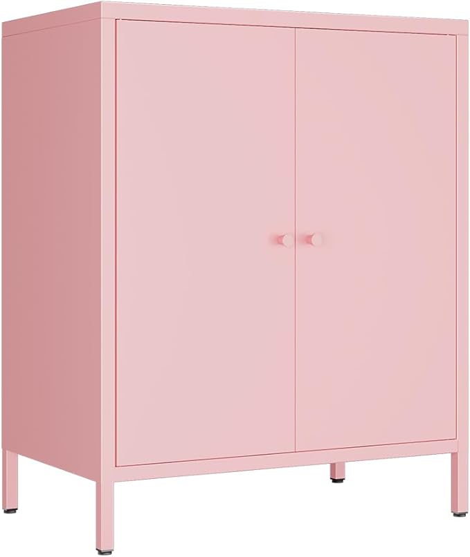 2 Doors Locker Metal Storage Cabinet, Accent Storage Cabinet with Shelves, Freestanding Metal Sideboard for Small Spaces, Living Room, Dining Room, Entryway (2 Door Cabinet, Pink)