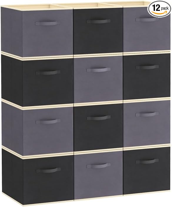 Lifewit 12 Packs Storage Cubes, 11 Inch Cube Storage Bins, Foldable Decorative Fabric Storage Baskets for Organizing Home Organizers with Handles for Shelves, Closet, Gray&Black