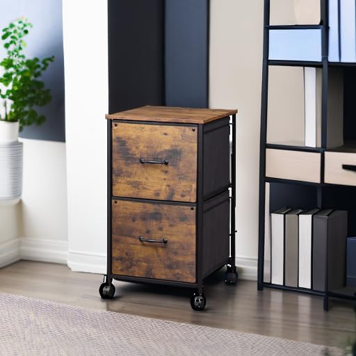 DEVAISE 2 Drawer Mobile File Cabinet, Rolling Printer Stand, Fabric Vertical Filing Cabinet fits A4 or Letter Size for Home Office, Rustic Brown Wood Grain Print-NeatNest