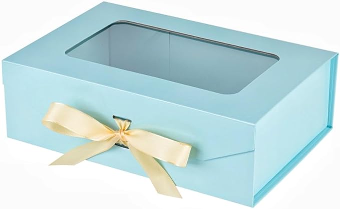 Blue Gift Box for Presents with Ribbon 10.8x7.5x3.5 Inches Clear Gift Box with Window Magnetic Closure Gift Boxes with Lids-NeatNest