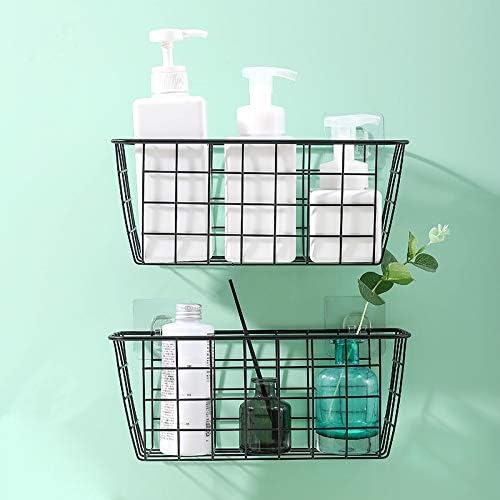 MaraFansie Hanging Kitchen Baskets Wire Storage Basket Over the Cabinet Door Organizer, No Drilling Adhesive Basket for Cabinet Pantry Organization and Kitchen, Bathroom, Storage, 2 Pack, Black-NeatNest