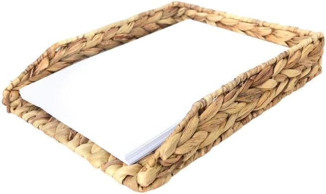 Water Hyacinth Hand-Woven A4 Desk Paper Tray Rectangular Rattan Desk Basket Document Tray Magazine Files Basket Organizer for Office Bathroom,1 Pack