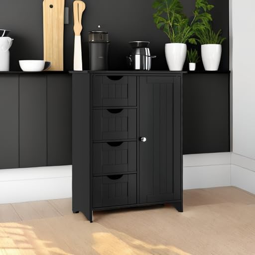 JUMMICO Bathroom Storage Cabinet, Floor Cabinet with 4 Drawers and 1 Adjustable Shelf, Storage Oragnizer for Living Room, Kitchen, Bathroom (Black)
