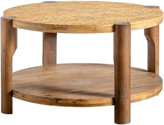 kevinplus 34.65'' Round Coffee Table 2-Tier for Living Room, Modern Mid-Century Circle Carved Handcrafted Solid Wood Coffee Table, Easy Assembly, Natural