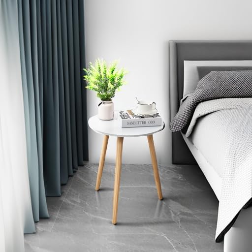 Apicizon Round Side Table, White Bedside Table Coffee End Table for Bedroom, Living Room, Small Spaces, Easy Assembly Nightstands with Natural Wood Legs, 16.5 x 20.5 Inches-NeatNest