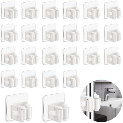 3-H 40 Pack Self Adhesive Broom Holder Wall Mount - Heavy Duty No Drill Broom Organizer for Garage Closet Kitchen, Plastic Storage Rack for Brooms Mops Tools, Peel and Stick Adhesive, White