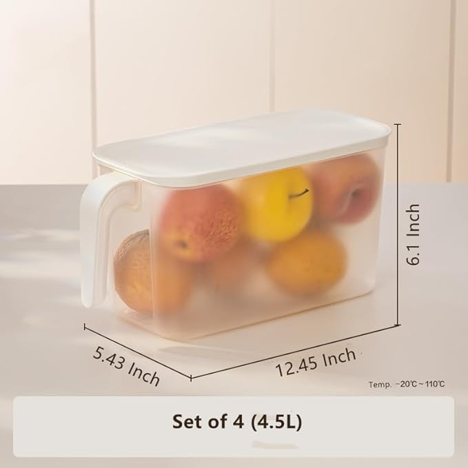 MineDecor 4 Pack 4.5L Plastic Storage Containers Square Food Storage Organizer Stackable Refrigerator Organizer Handle Kitchen Containers with Lids for Fruits Vegetables Meat Egg